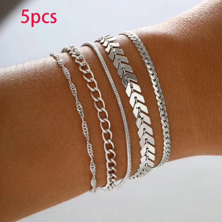 Silver Chain Bead Bracelet Set