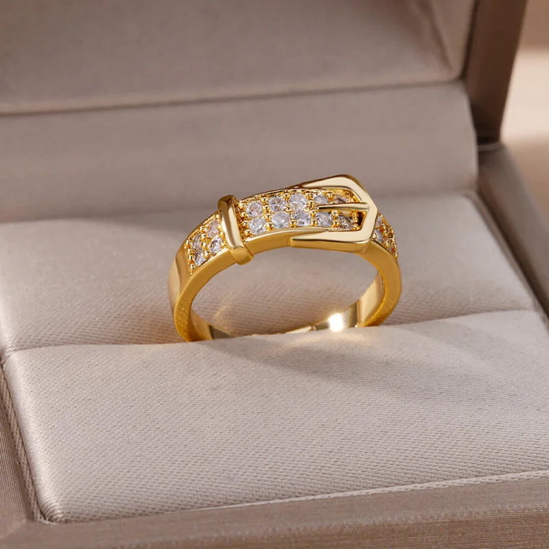 Gold Buckle Zircon Adjustable Ring