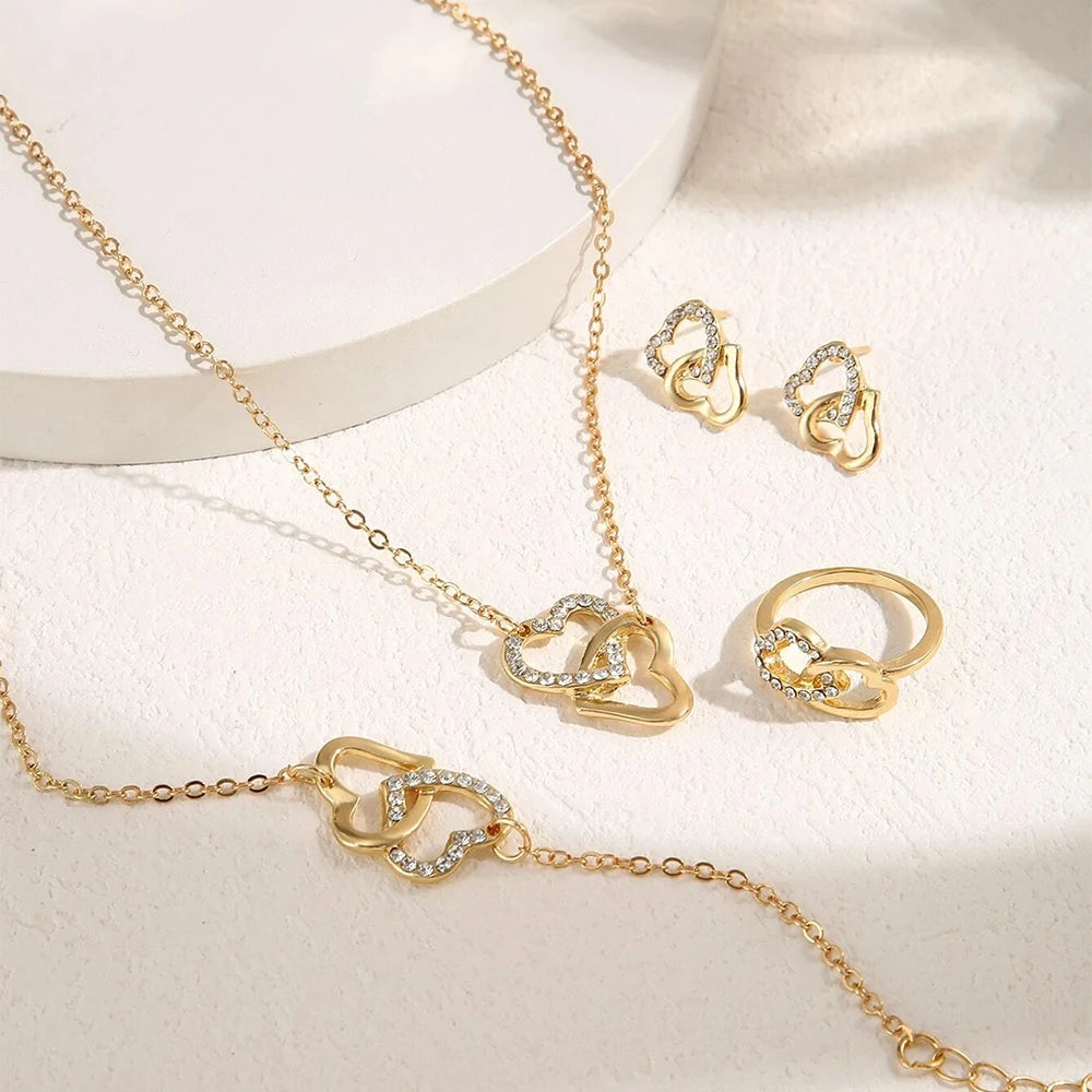 Elegant Gold Heart Rhinestone 5-Piece Jewelry Set