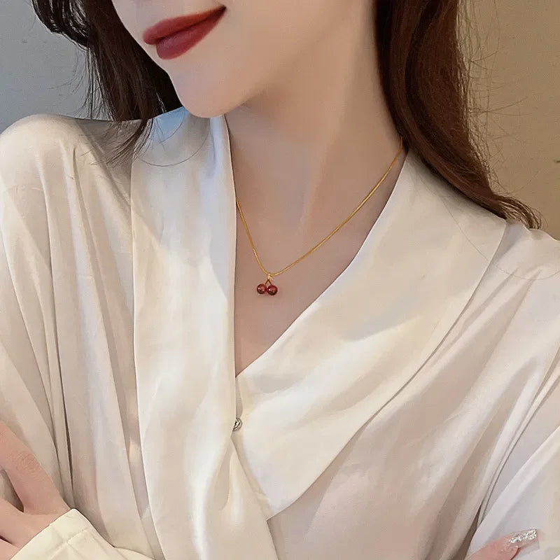 Gold Necklace with Red Cherry Pendant for Women
