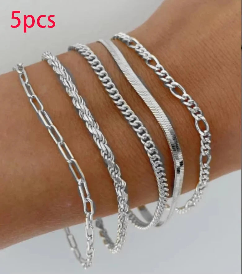 Silver Chain Bead Bracelet Set