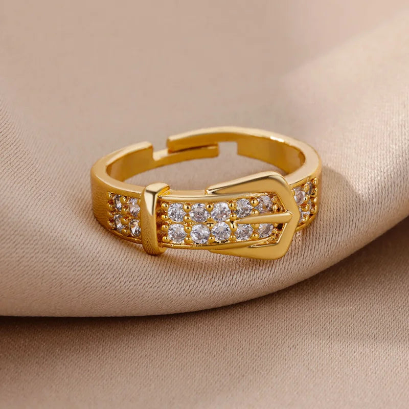Gold Buckle Zircon Adjustable Ring