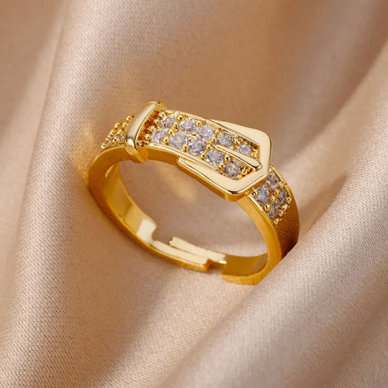 Gold Buckle Zircon Adjustable Ring