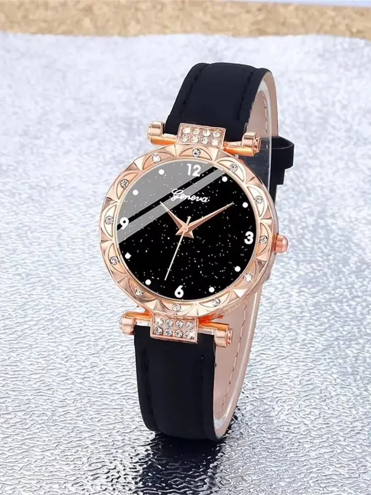 Luxury Rhinestone Watch & Bracelet Set (5 Pcs)