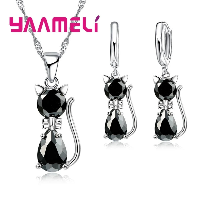 925 Silver Cat Jewelry Set with Crystal Pendant & Earrings.
