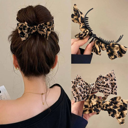 Leopard Print Hair Clip with Bow – Vintage Elegant Style