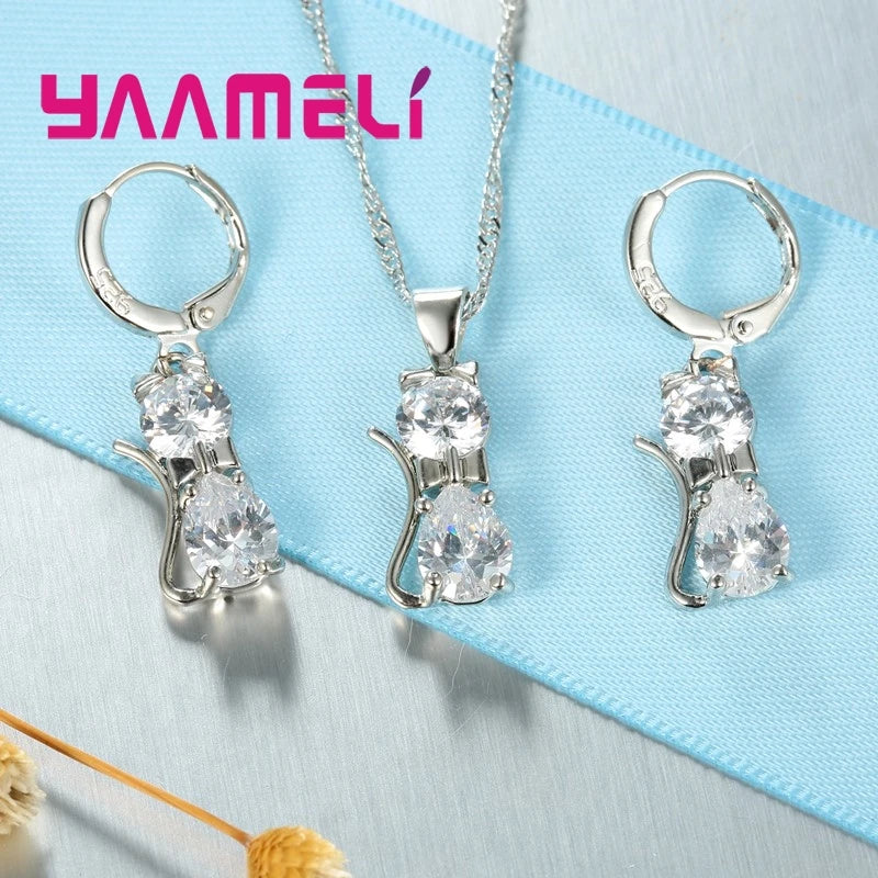 925 Silver Cat Jewelry Set with Crystal Pendant & Earrings.