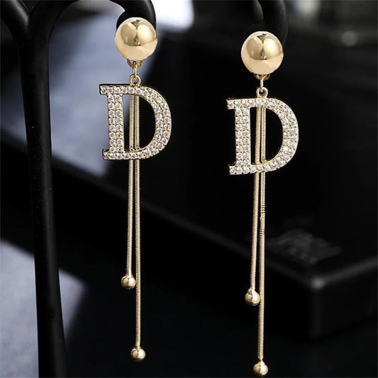Gold Crystal Letter D Tassel Earrings