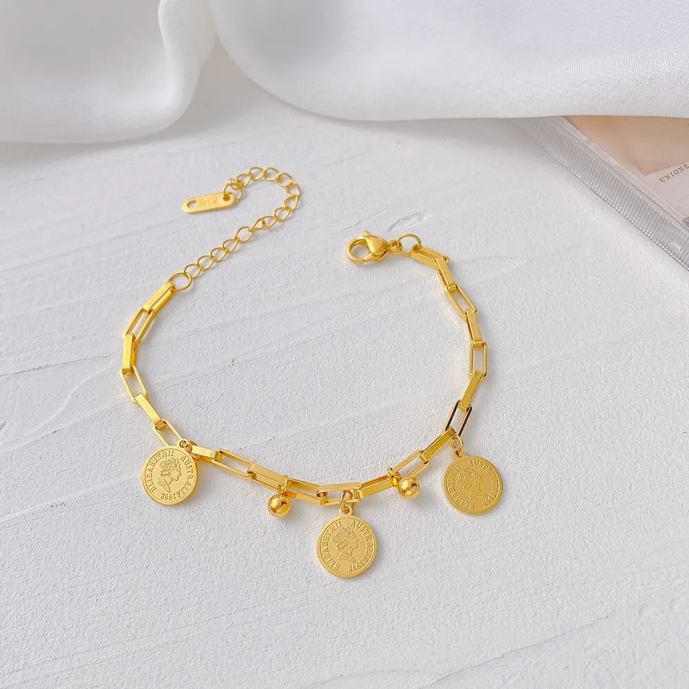 Golden Stainless Steel Bracelet with Round Hip Hop Pendant