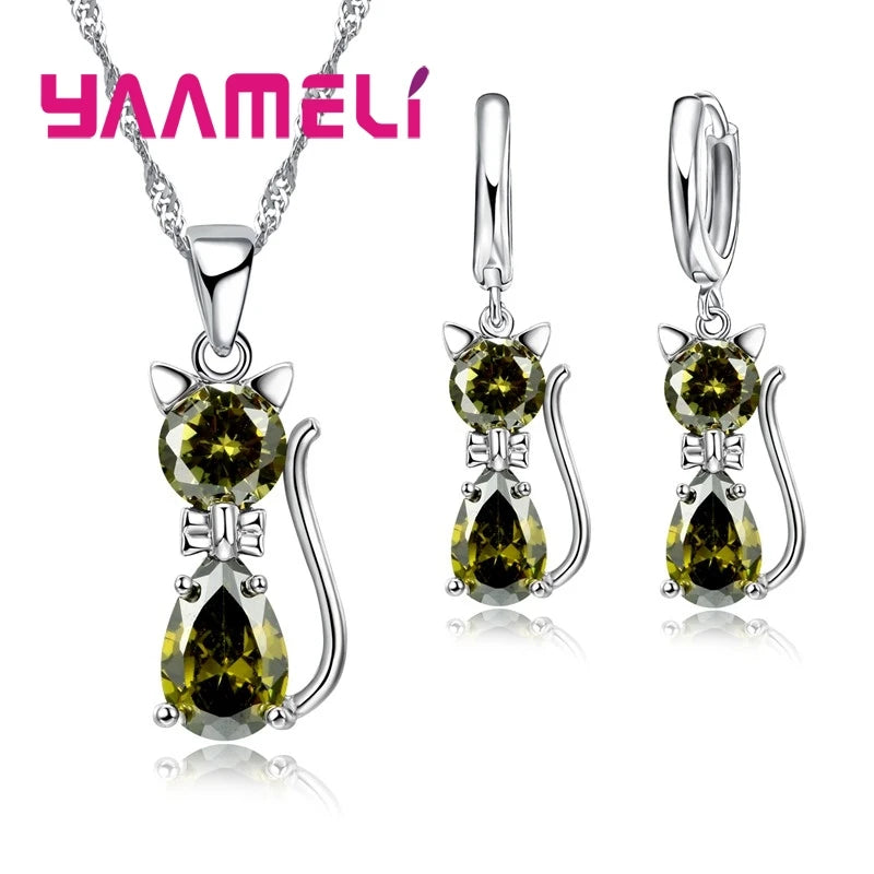 925 Silver Cat Jewelry Set with Crystal Pendant & Earrings.