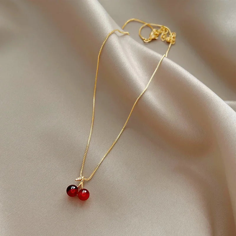Gold Necklace with Red Cherry Pendant for Women