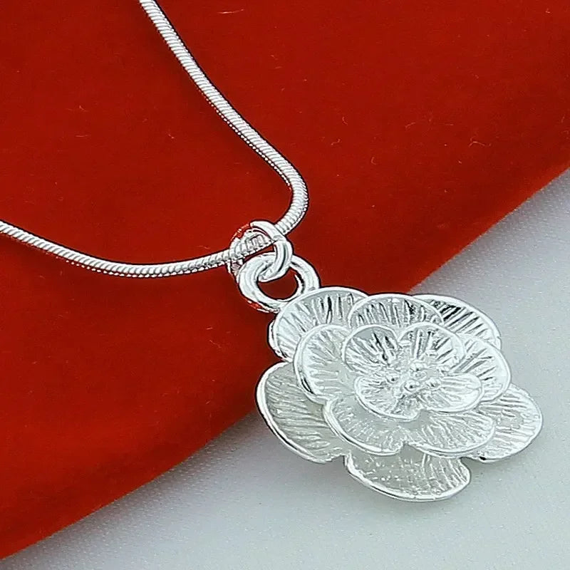 Silver Rose Flower Pendant Necklace – Snake Chain