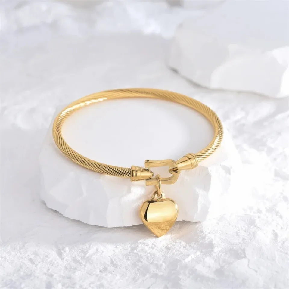 Gold Stainless Steel Heart Bangle