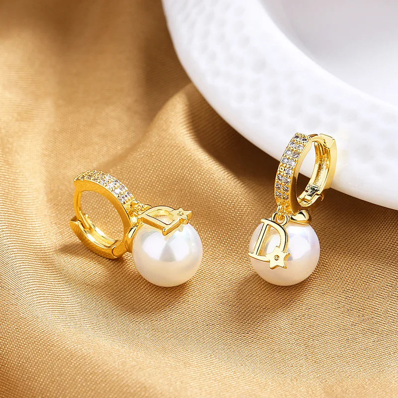 Korean Pearl Drop Hoop Earrings for Women