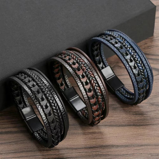 Men’s Vintage Leather Braided Bracelet – Magnetic Buckle.