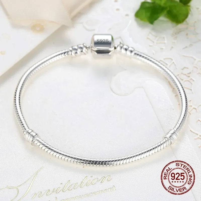 925 Sterling Silver color Snake Chain Charm Bracelet