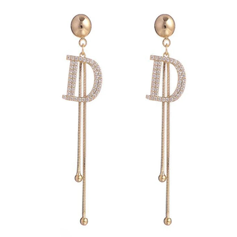 Gold Crystal Letter D Tassel Earrings