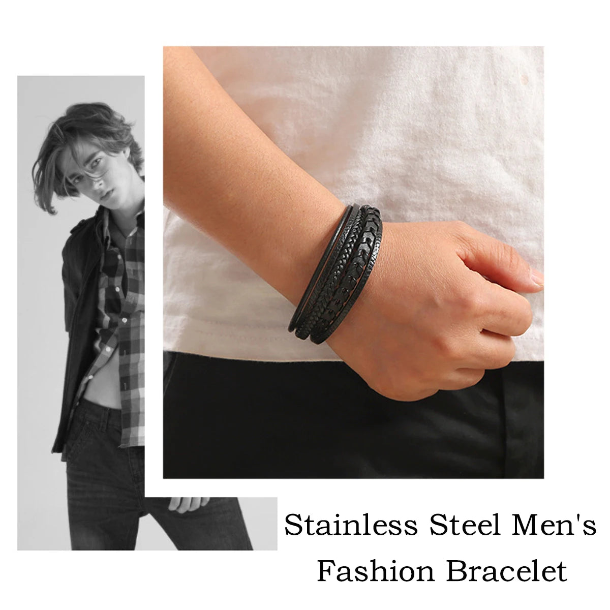 Men’s Vintage Leather Braided Bracelet – Magnetic Buckle.