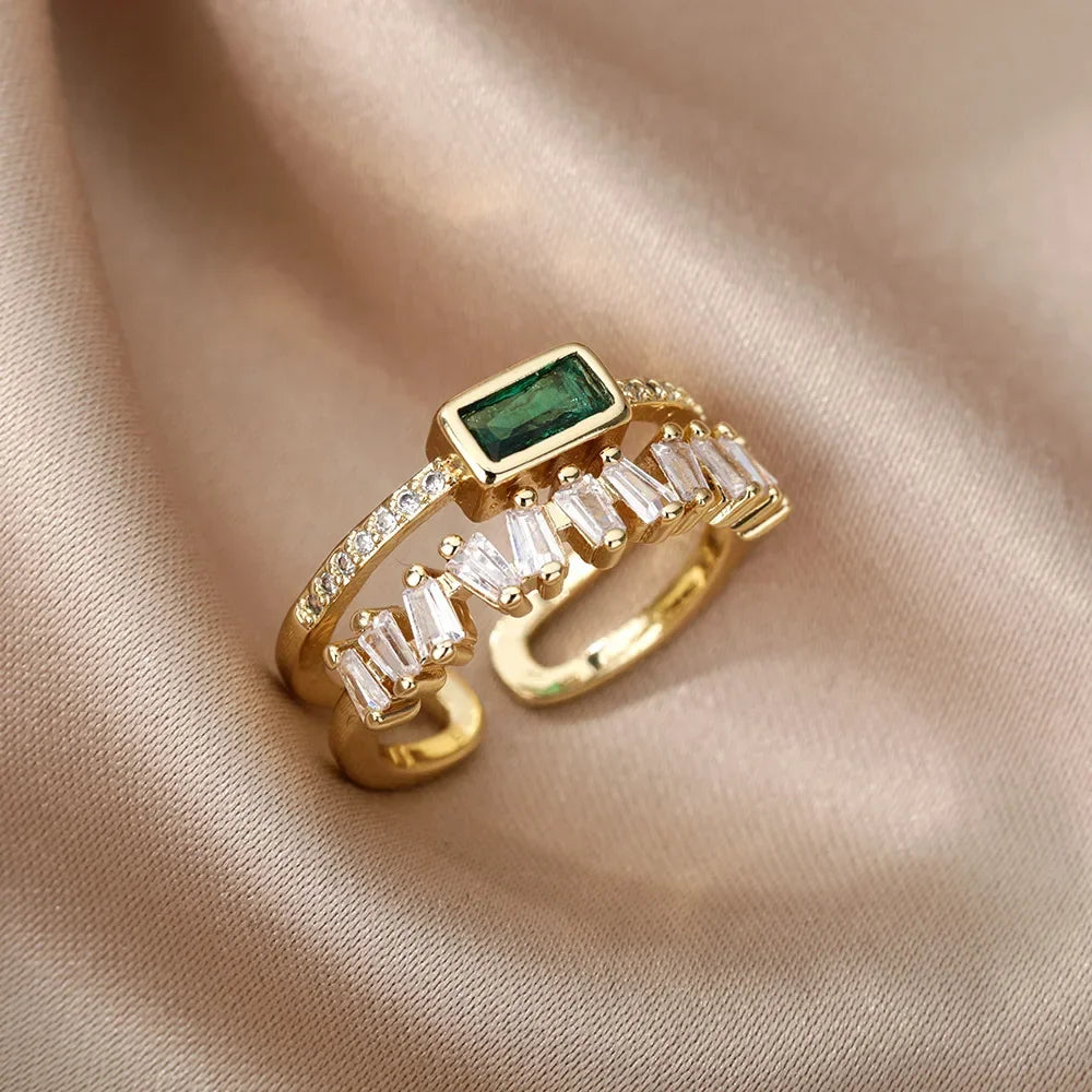 Light Green Retro Double Layer Zircon Ring for Women