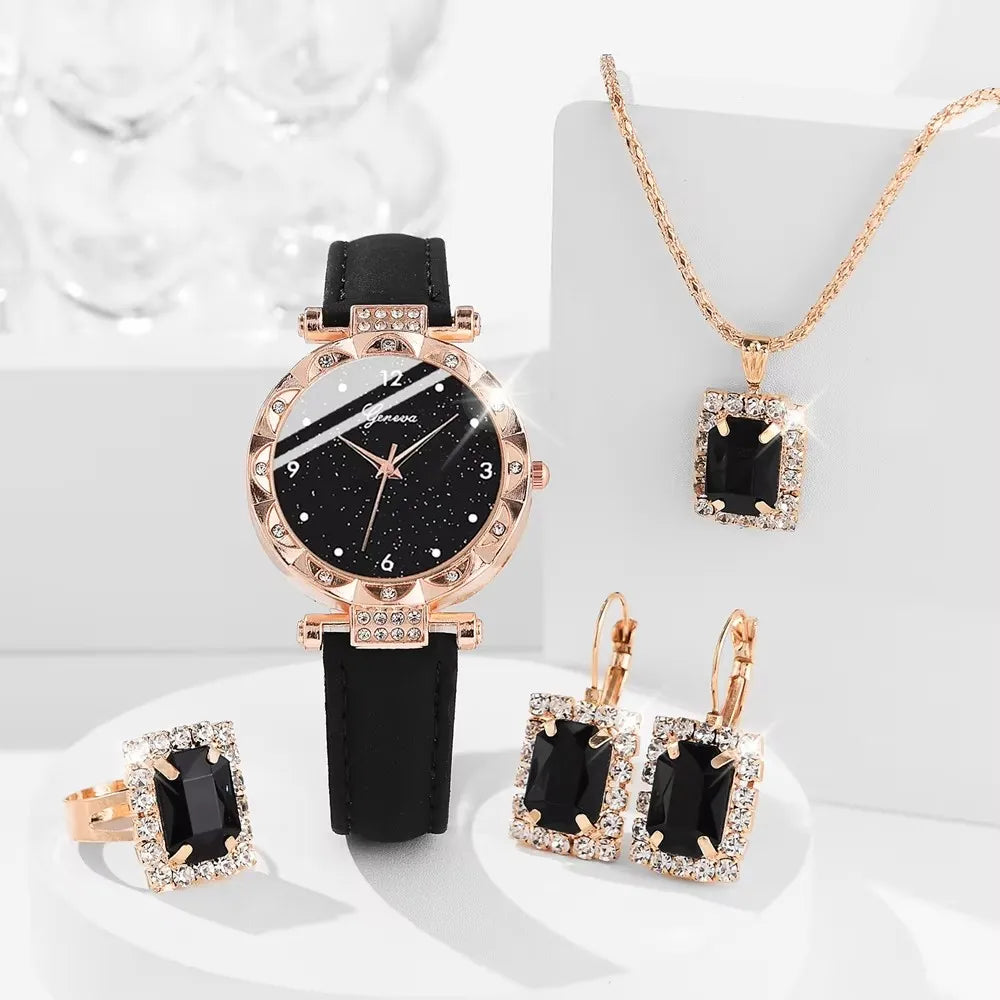 Luxury Rhinestone Watch & Bracelet Set (5 Pcs)