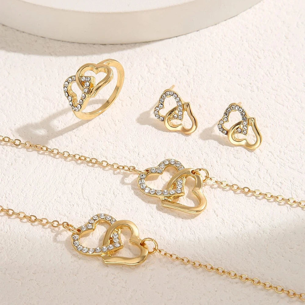 Elegant Gold Heart Rhinestone 5-Piece Jewelry Set