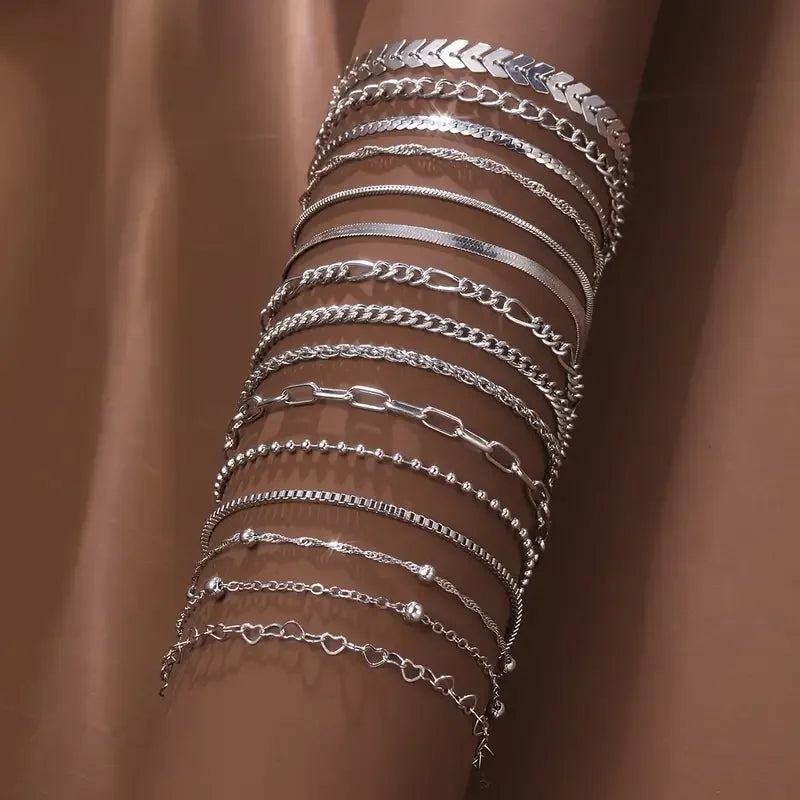 Silver Chain Bead Bracelet Set