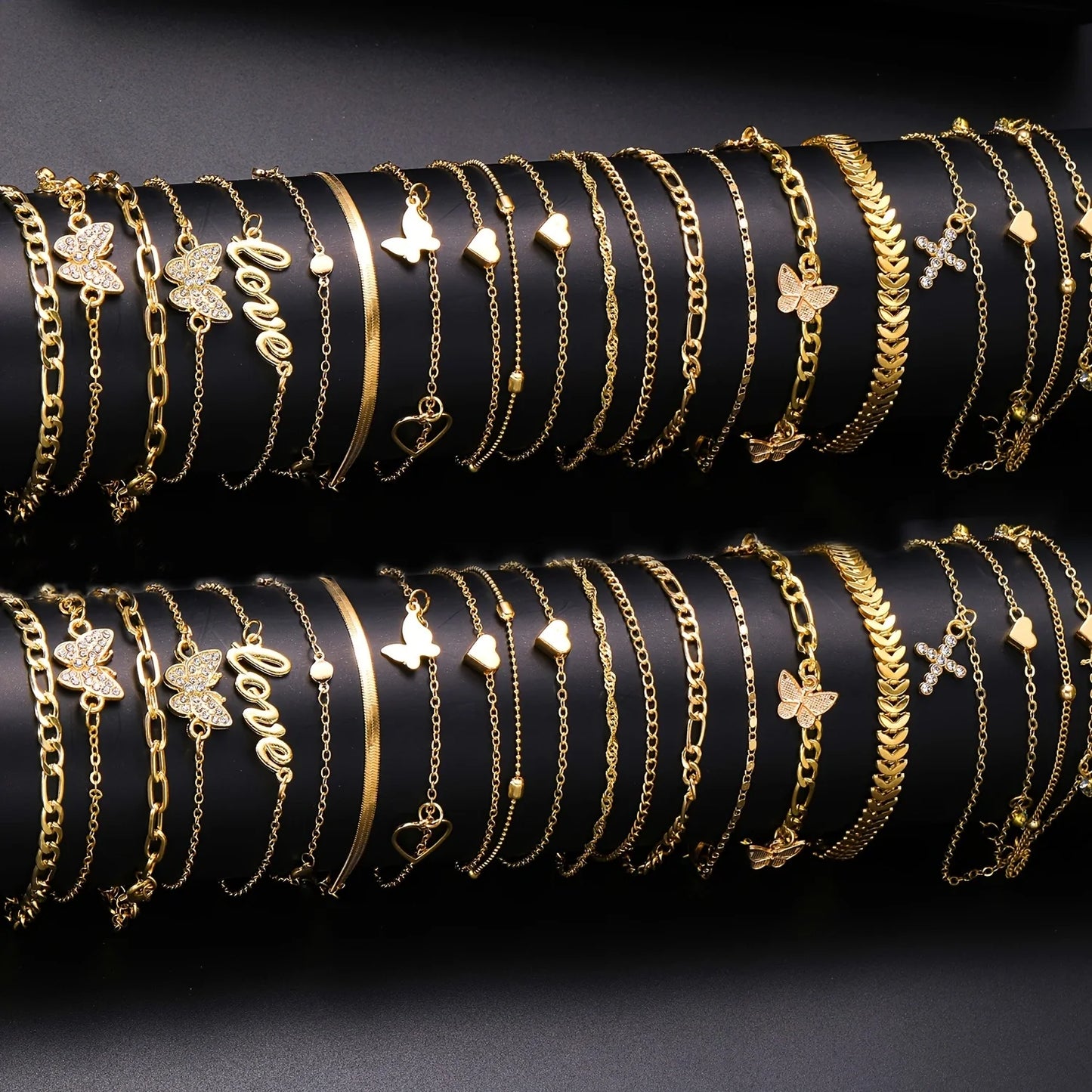 18-Piece Bohemian Summer Anklet Set with Heart & Butterfly Charms