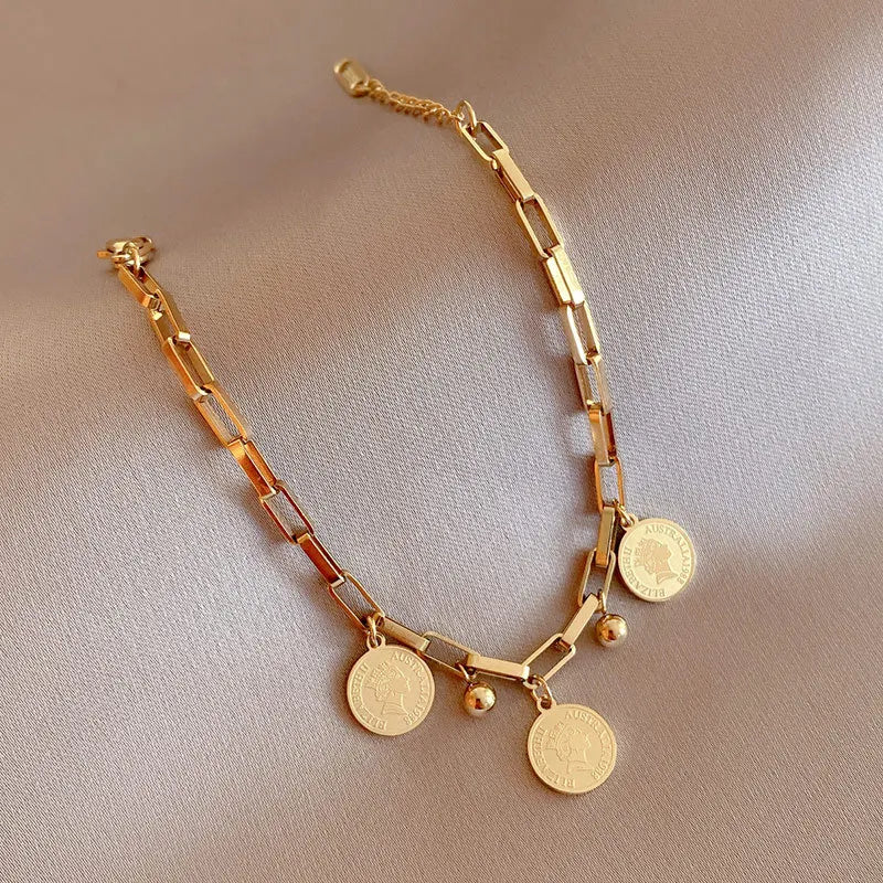 Golden Stainless Steel Bracelet with Round Hip Hop Pendant