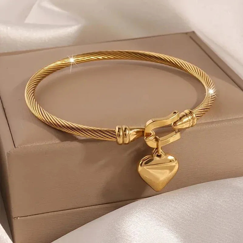 Gold Stainless Steel Heart Bangle