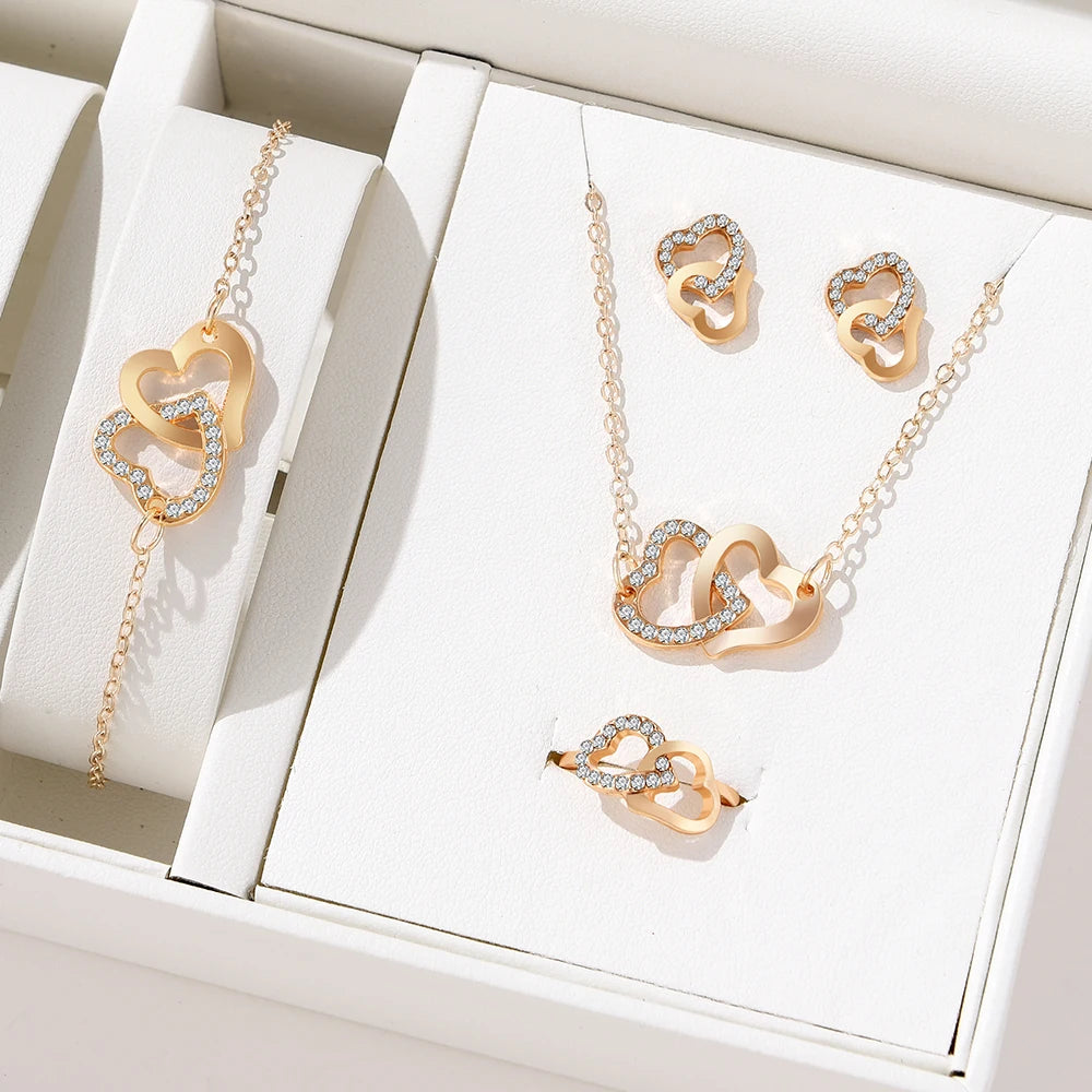 Elegant Gold Heart Rhinestone 5-Piece Jewelry Set