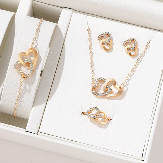 Elegant Gold Heart Rhinestone 5-Piece Jewelry Set