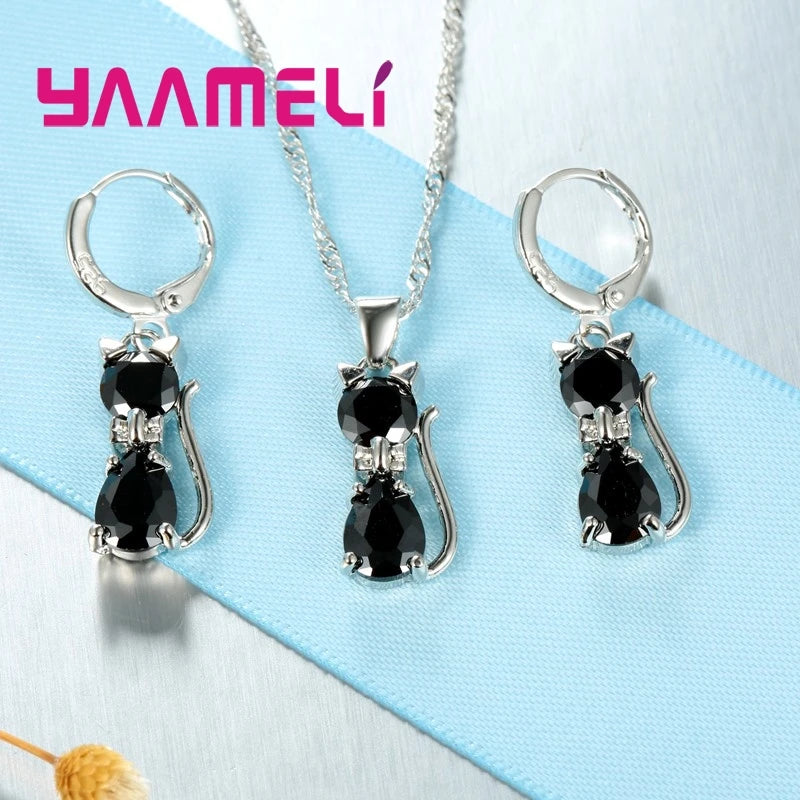 925 Silver Cat Jewelry Set with Crystal Pendant & Earrings.