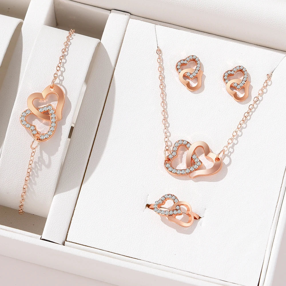 Elegant Gold Heart Rhinestone 5-Piece Jewelry Set