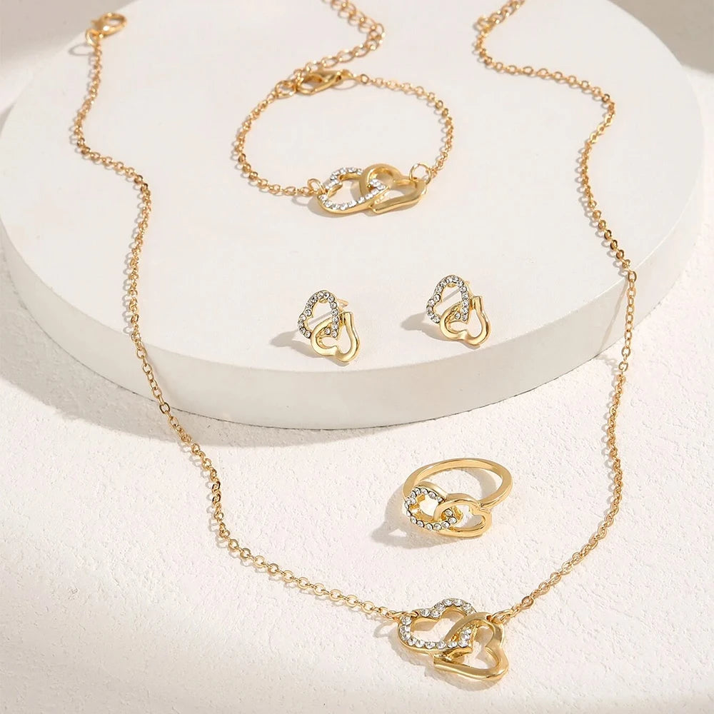 Elegant Gold Heart Rhinestone 5-Piece Jewelry Set