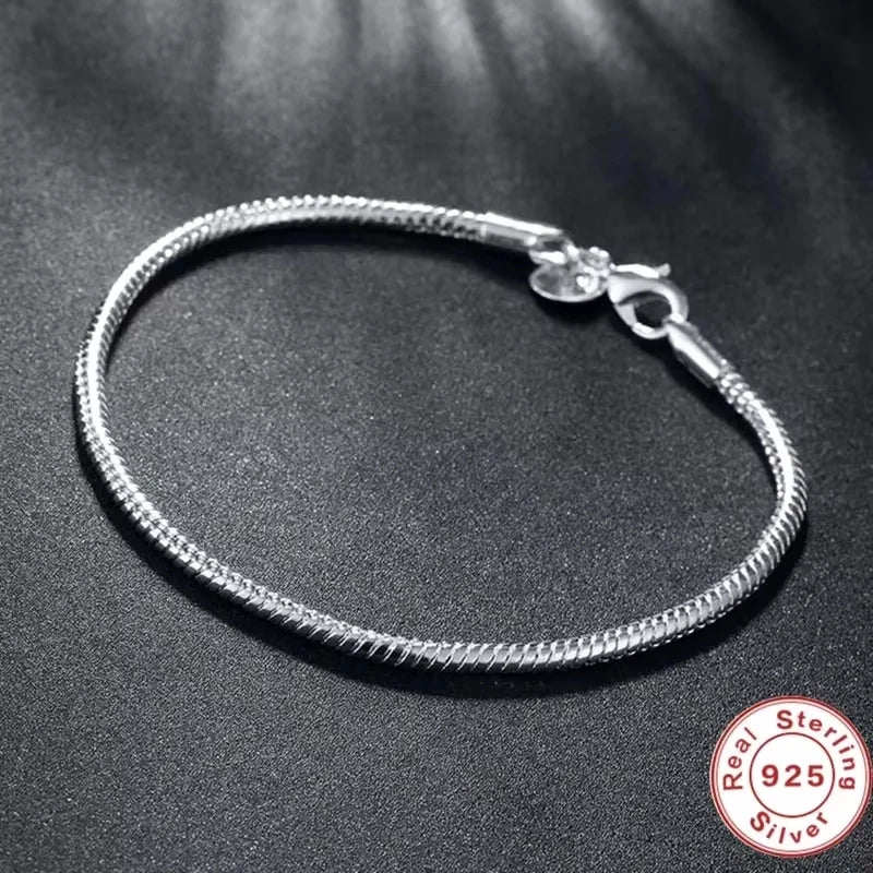 925 Sterling Silver color Snake Chain Charm Bracelet