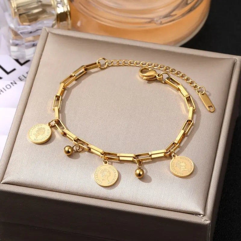 Golden Stainless Steel Bracelet with Round Hip Hop Pendant