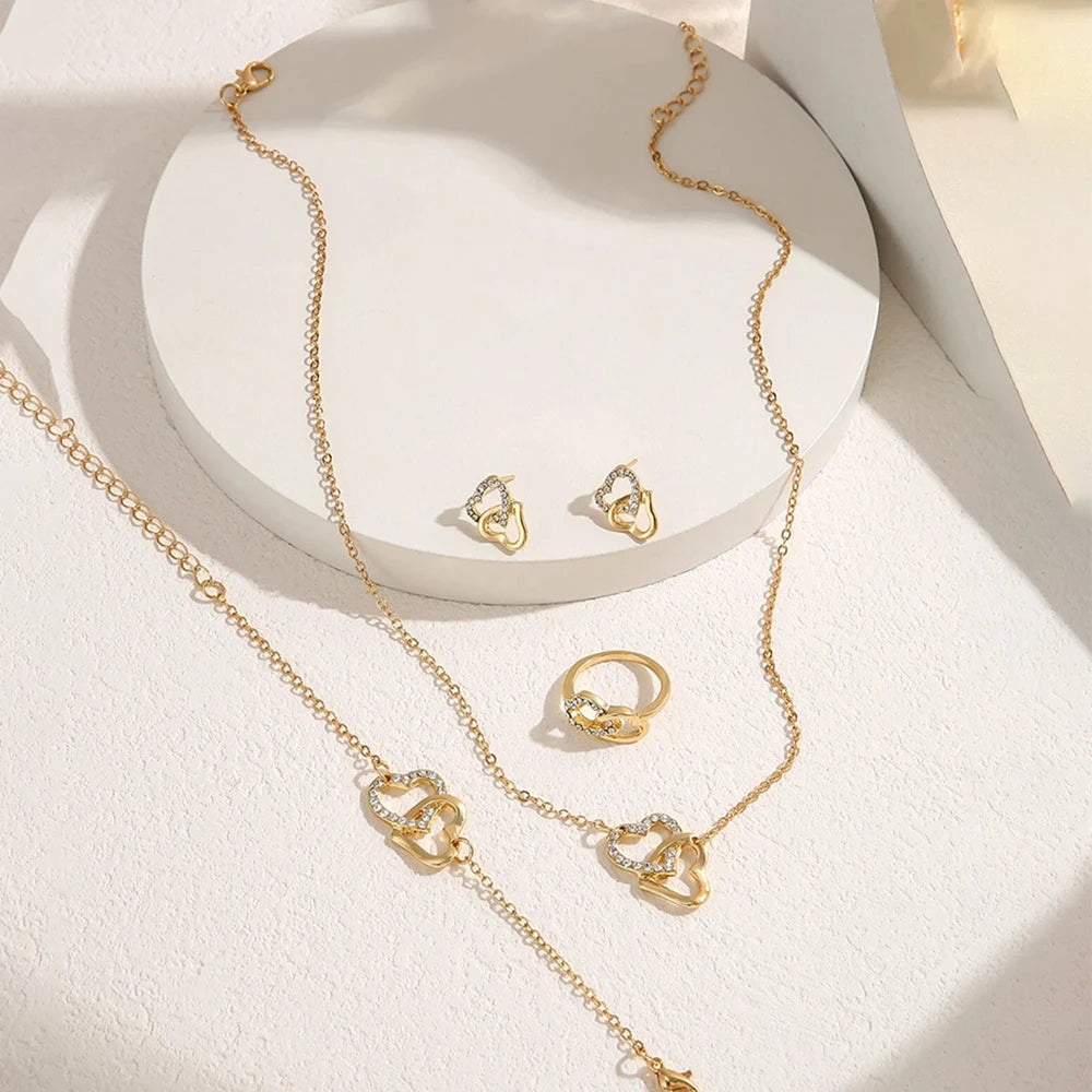 Elegant Gold Heart Rhinestone 5-Piece Jewelry Set