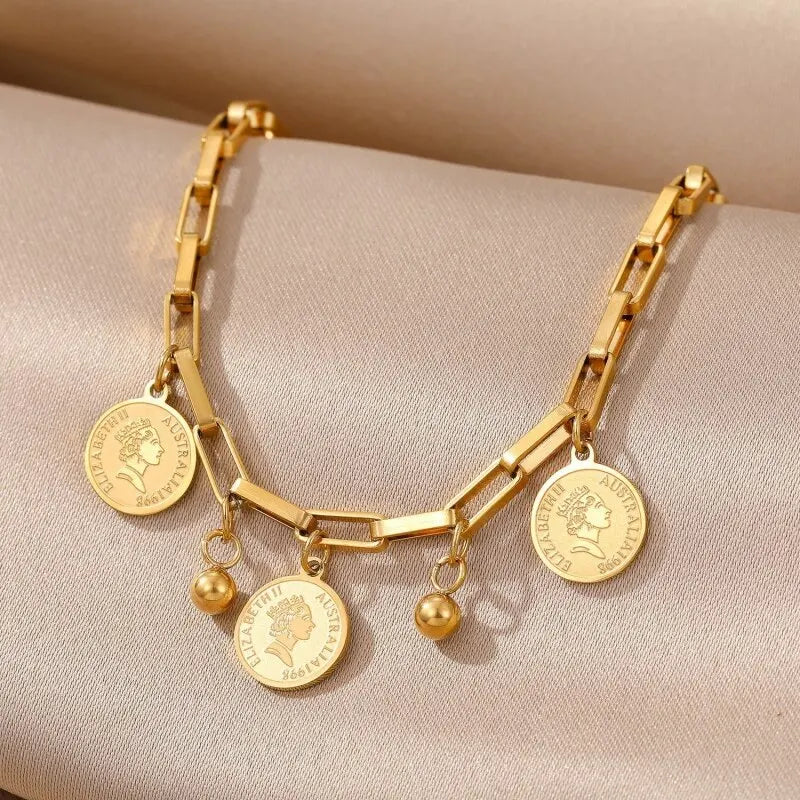 Golden Stainless Steel Bracelet with Round Hip Hop Pendant