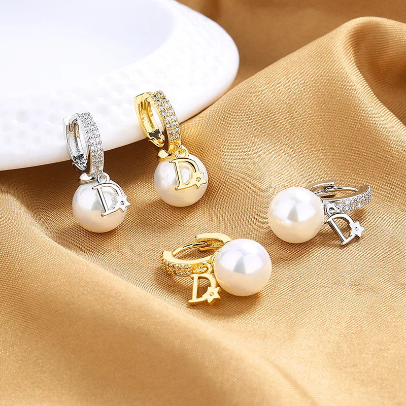Korean Pearl Drop Hoop Earrings for Women
