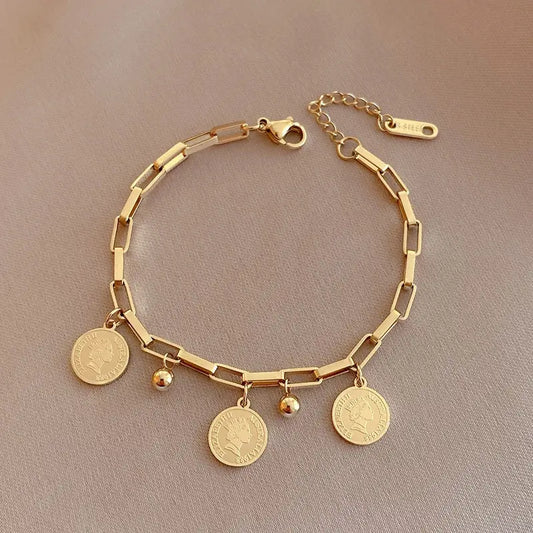 Golden Stainless Steel Bracelet with Round Hip Hop Pendant